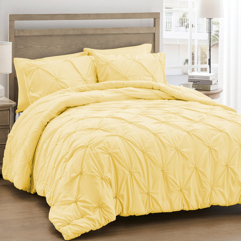 UNIKOME queen comforter front styled on bed showing elegant pinch pleats and cozy appeal