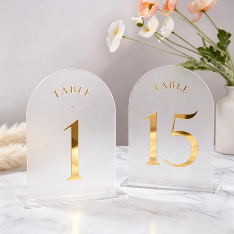 UNIQOOO front view of frosted arch table number showing elegant gold foil