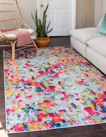Unique Loom front view showing Champagne blue abstract rug brightening a living room