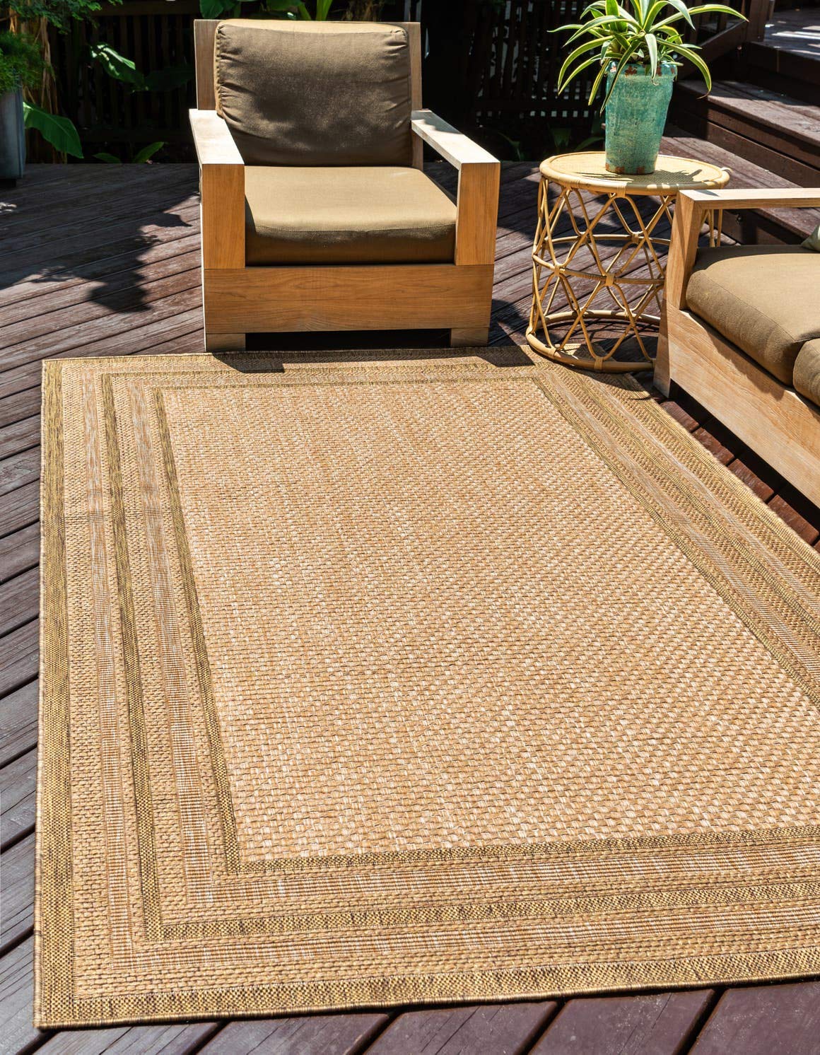 Unique Loom front view of tan multi‑border outdoor rug showing overall design and benefit
