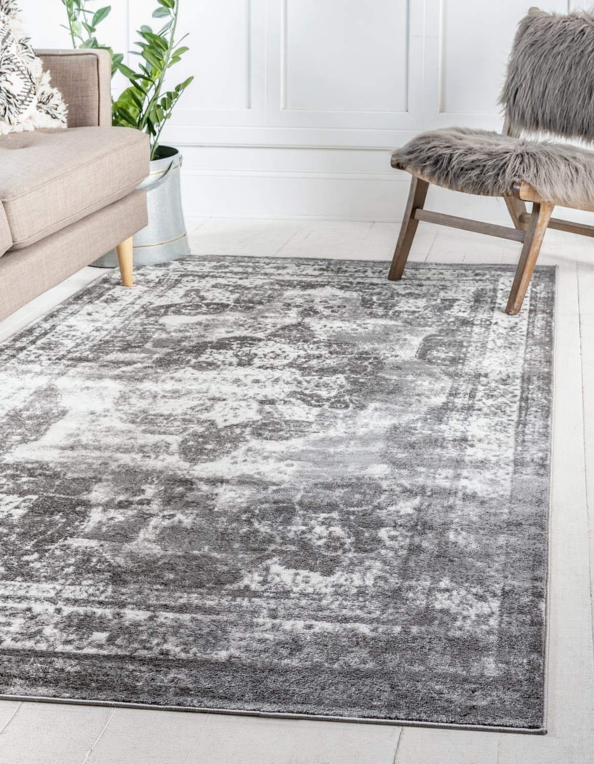 Unique Loom rug front view showing gray ivory palette and vintage design, adds elegant foundation