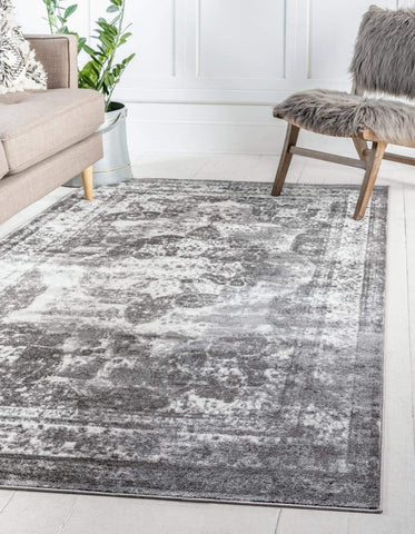 Unique Loom rug front view showing gray ivory palette and vintage design, adds elegant foundation