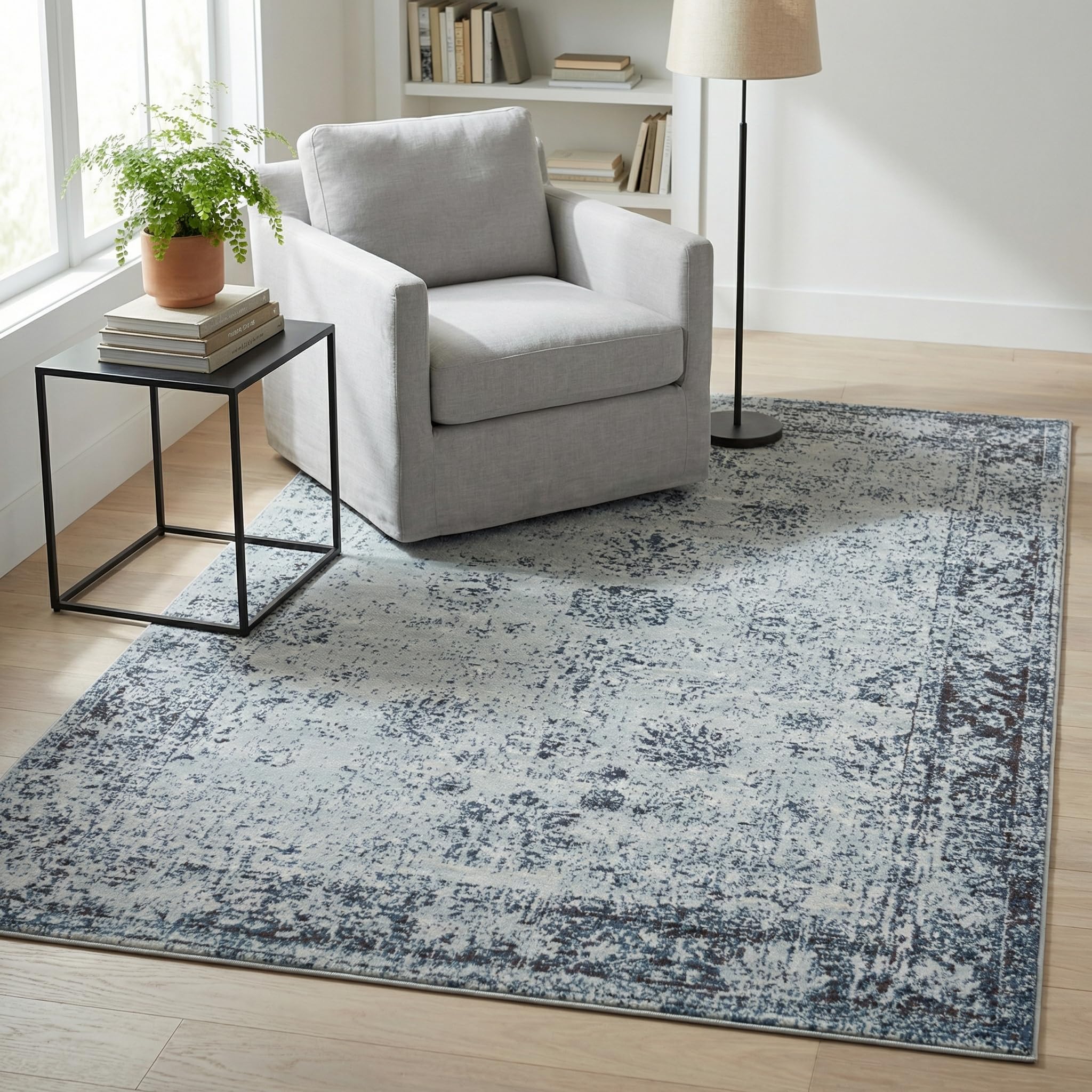 Unique Loom Sofia front view showing light blue ivory pattern and curb appeal
