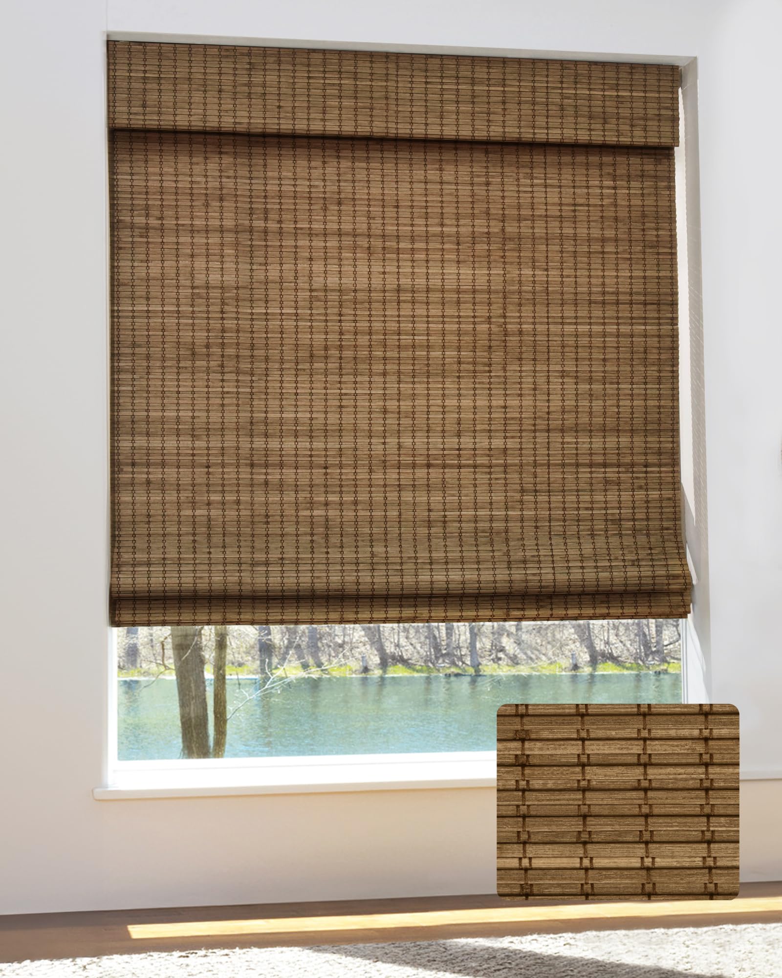 UNISHADES front view of Highfield Teak shade showing complete valance and clean finish