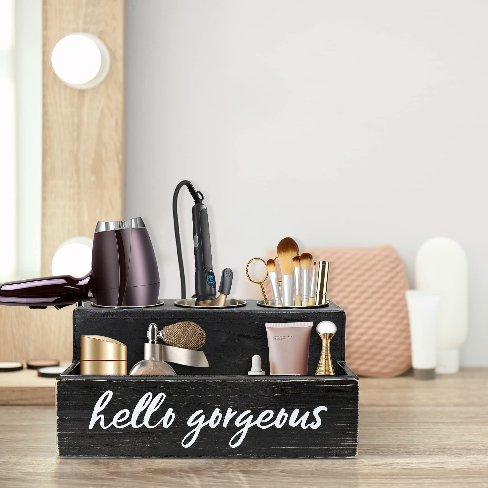 Unistyle on vanity with cosmetics showing stylish decluttering benefit