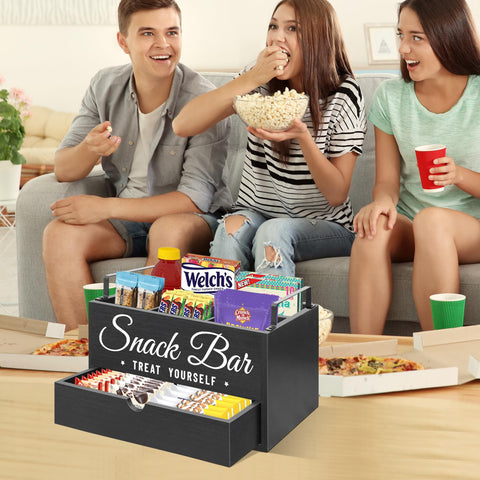 Unistyle open drawer on snack organizer showing extra storage convenience