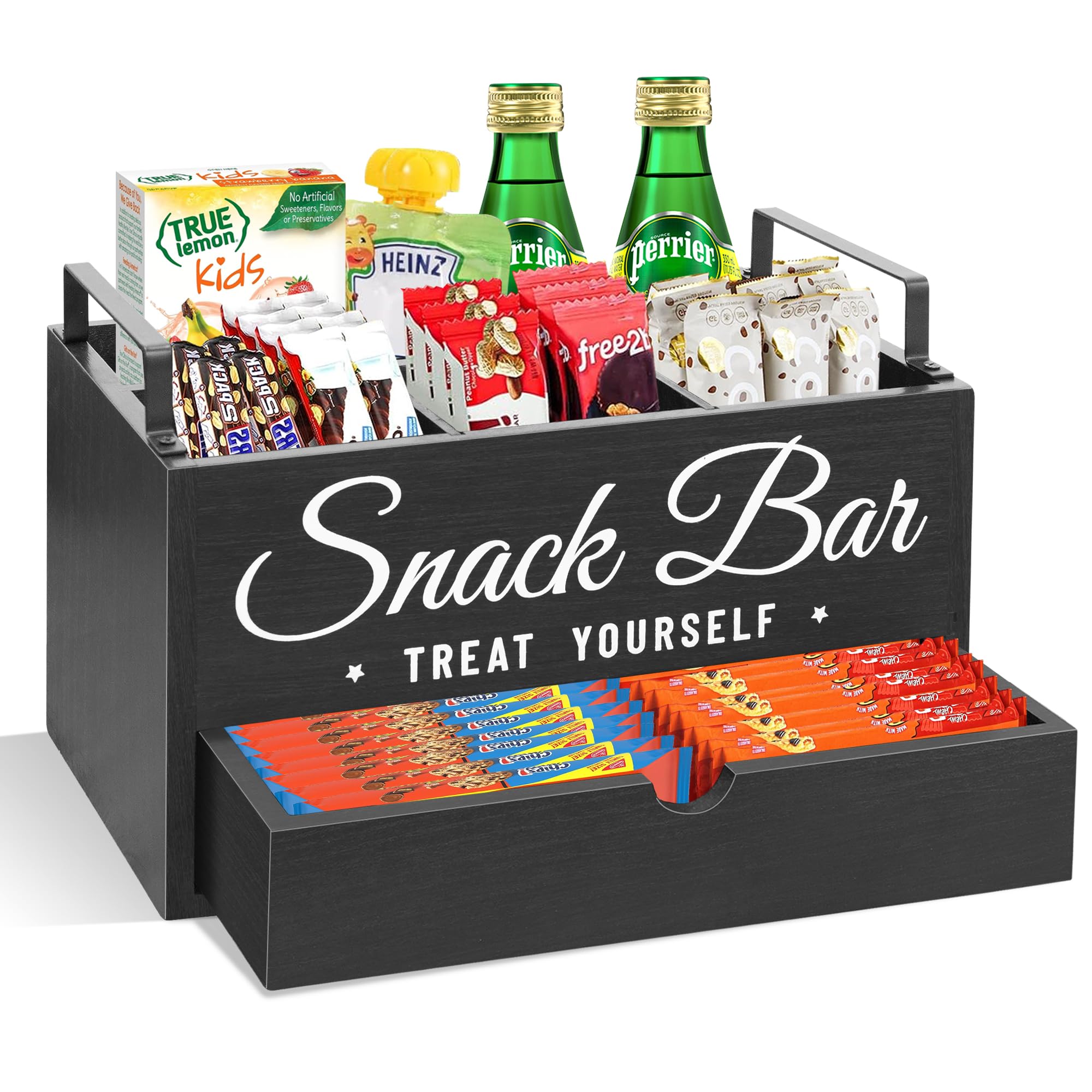 Unistyle front view of snack organizer showing four compartments and tidy display