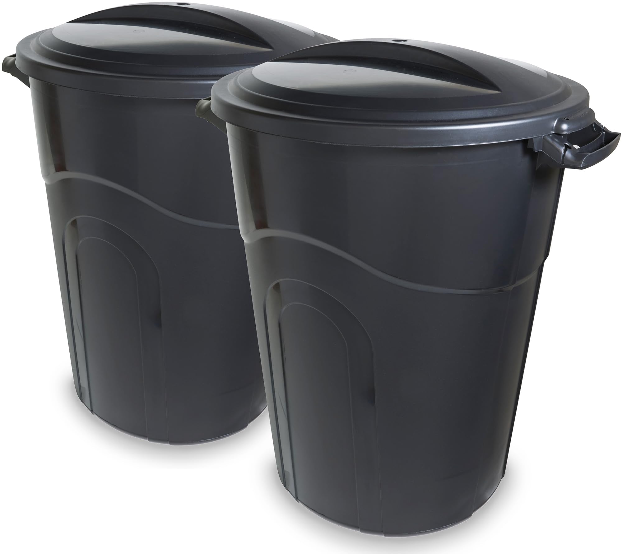 United Solutions front view of two 32 gallon cans showing sturdy design and neat storage benefit