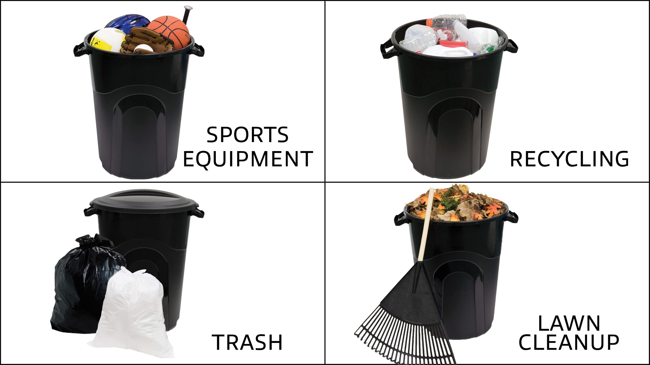 United Solutions size comparison with a standard 33-gallon bag showing capacity and fit benefit
