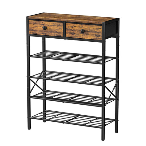 UNITSTAGE front view showing five-tier rustic brown rack keeping shoes organized