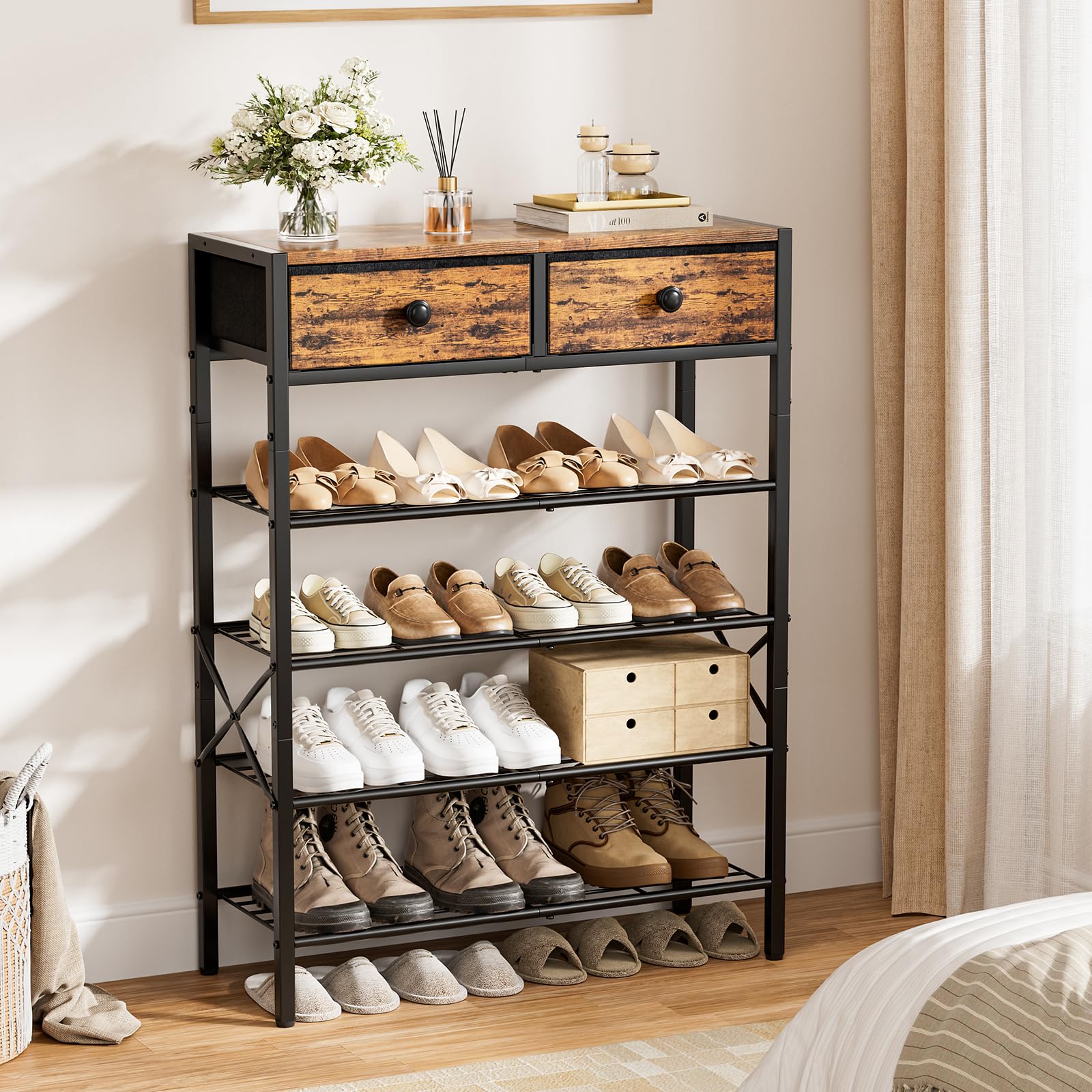 UNITSTAGE close-up of wooden top and two drawers for hidden accessory storage