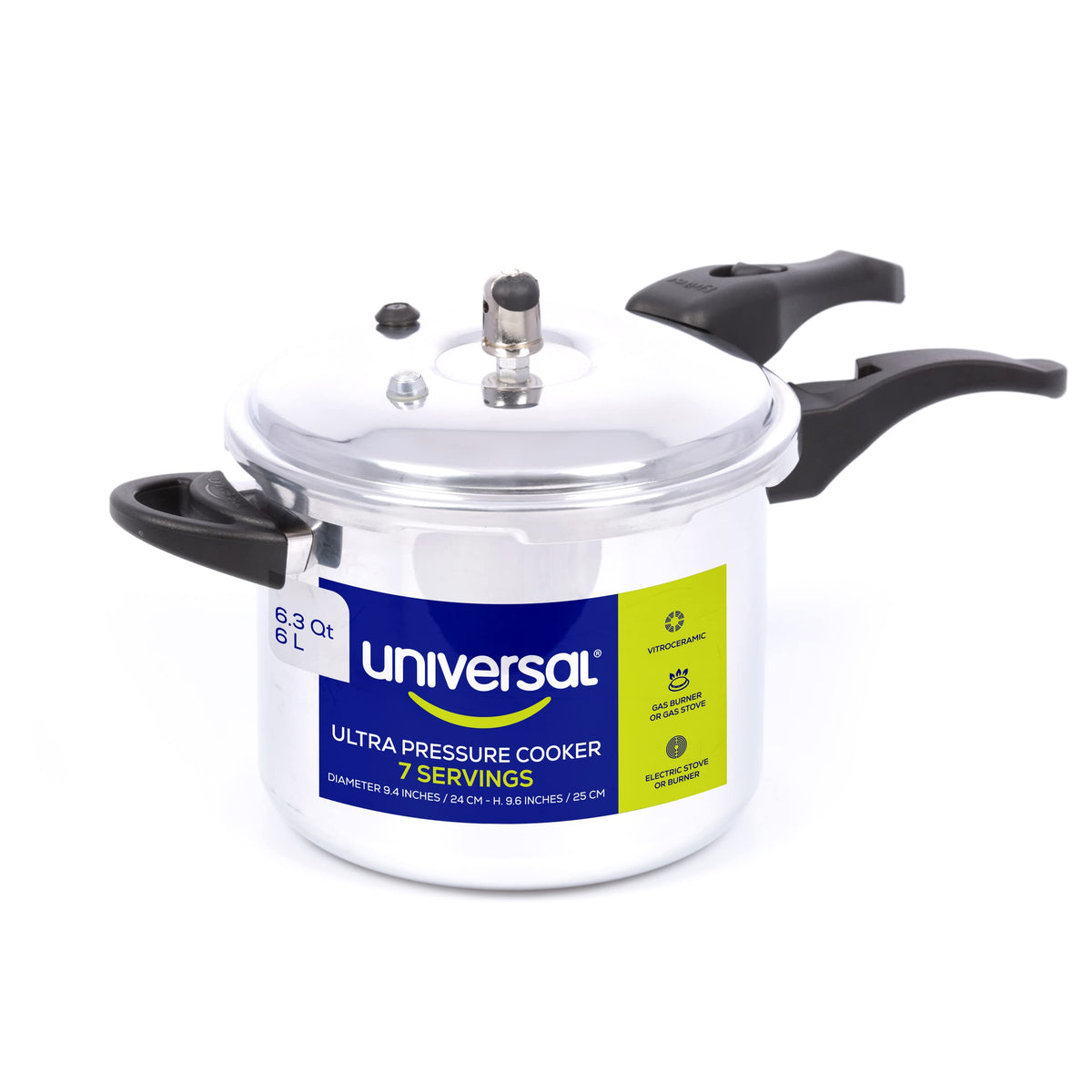 Universal Ultra front view showing pot and lid, clear family-size benefit