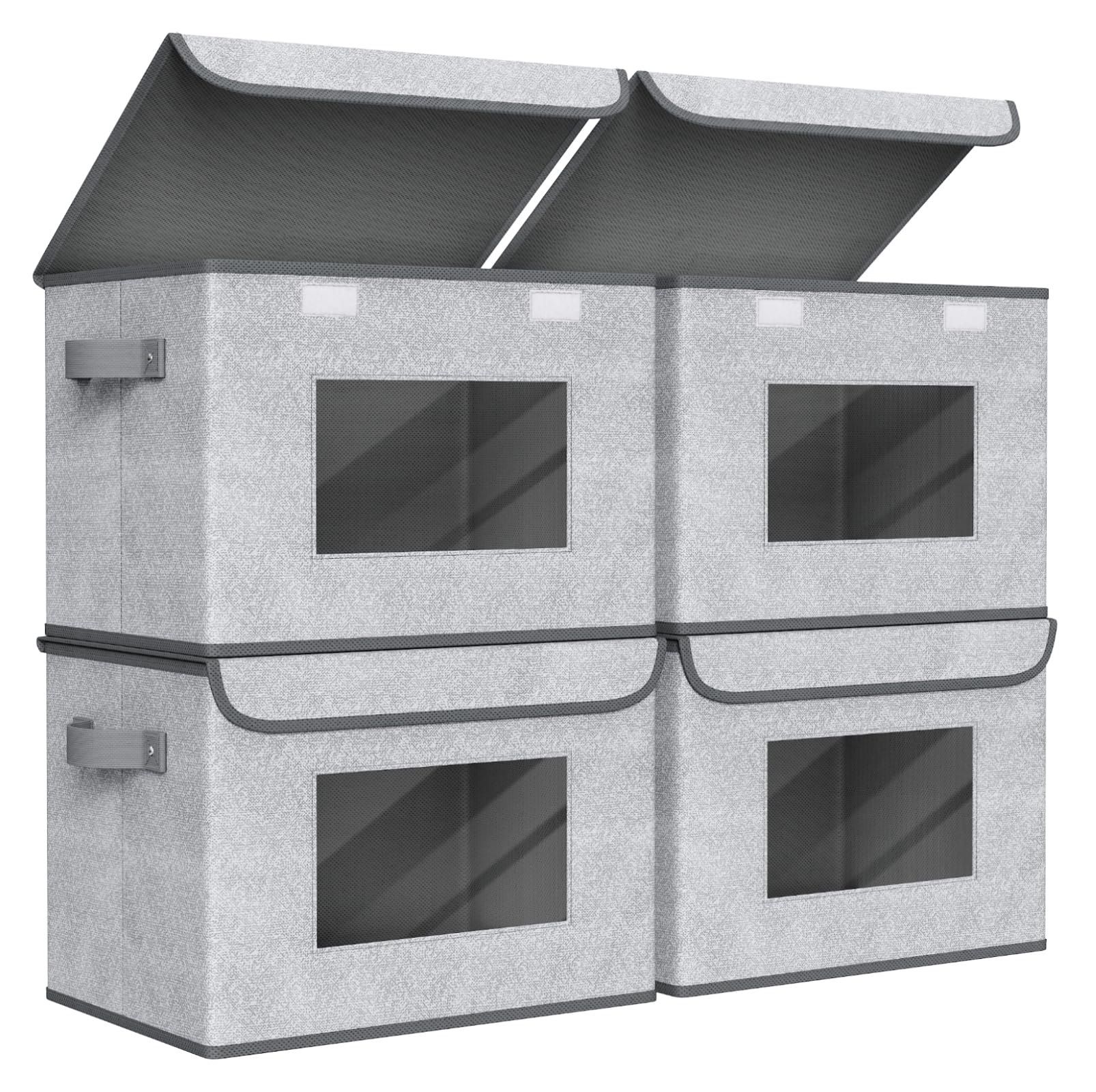 Univivi front view of four gray storage bins showing neat stack and lids, keeps shelves tidy