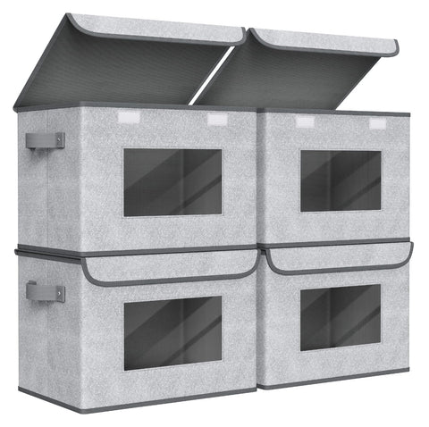 Univivi front view of four gray storage bins showing neat stack and lids, keeps shelves tidy
