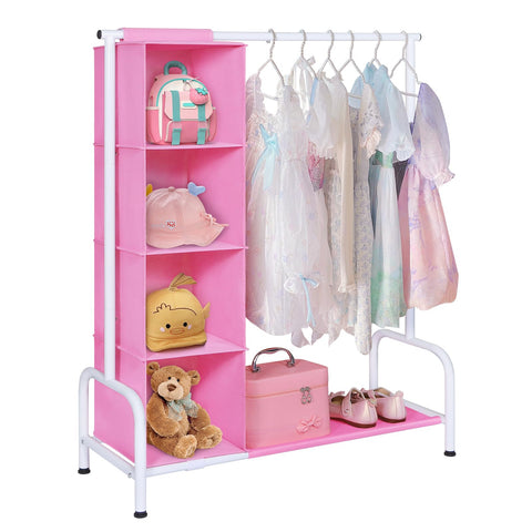 Univivi front view of pink and white kids rack showing organized clothes and neat storage