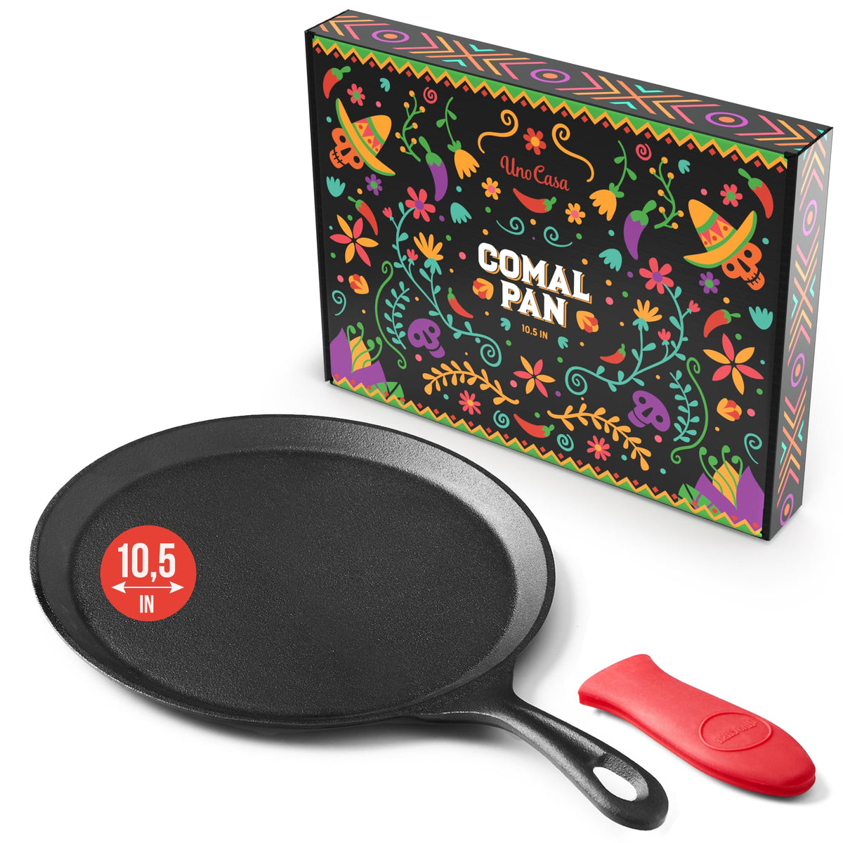 Uno Casa comal front view shows compact griddle and ready-to-cook convenience