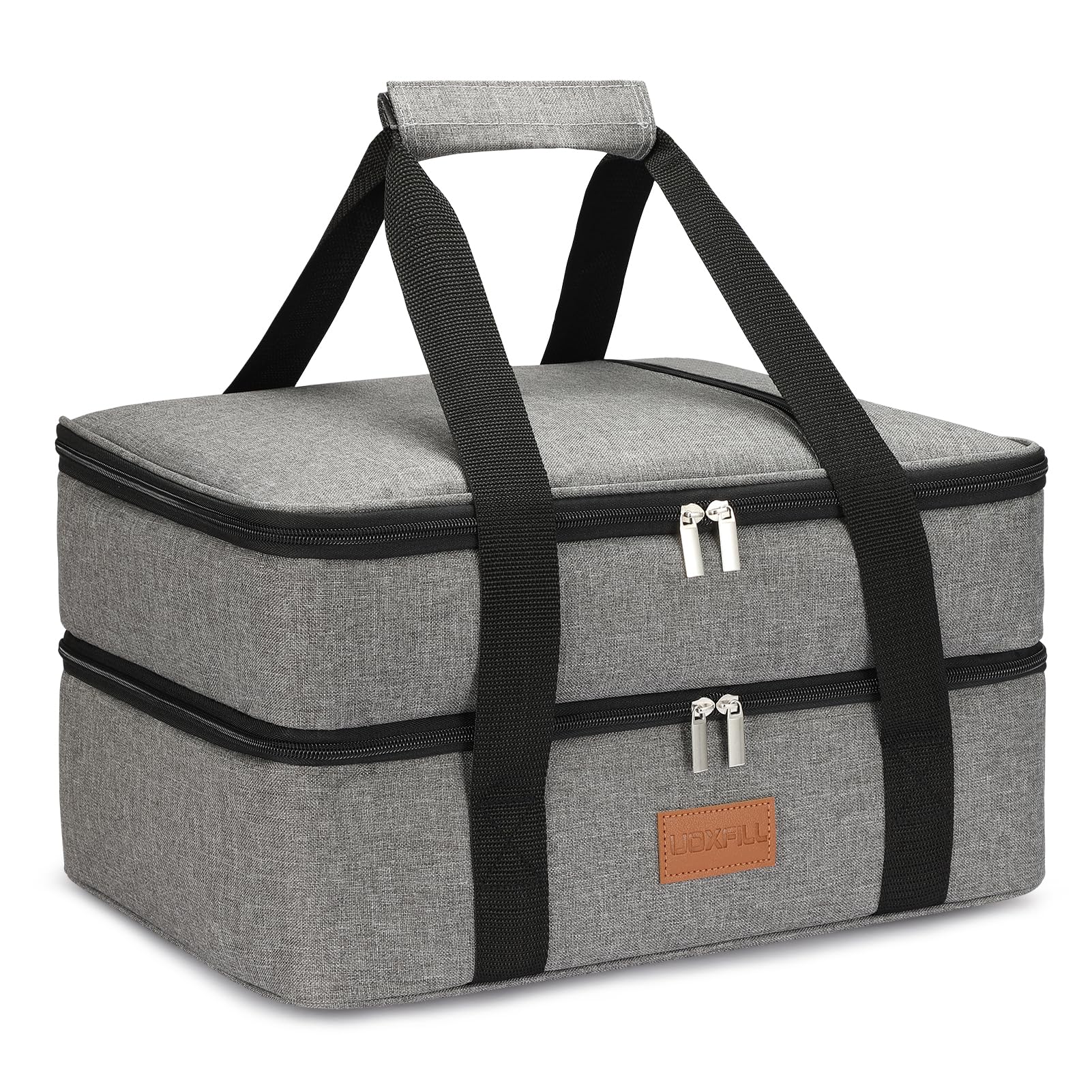 Uoxfill front view showing zippered gray casserole carrier and quick access pocket, practical transport