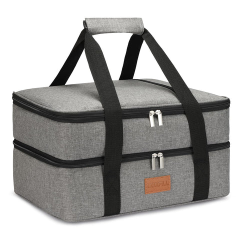 Uoxfill front view showing zippered gray casserole carrier and quick access pocket, practical transport