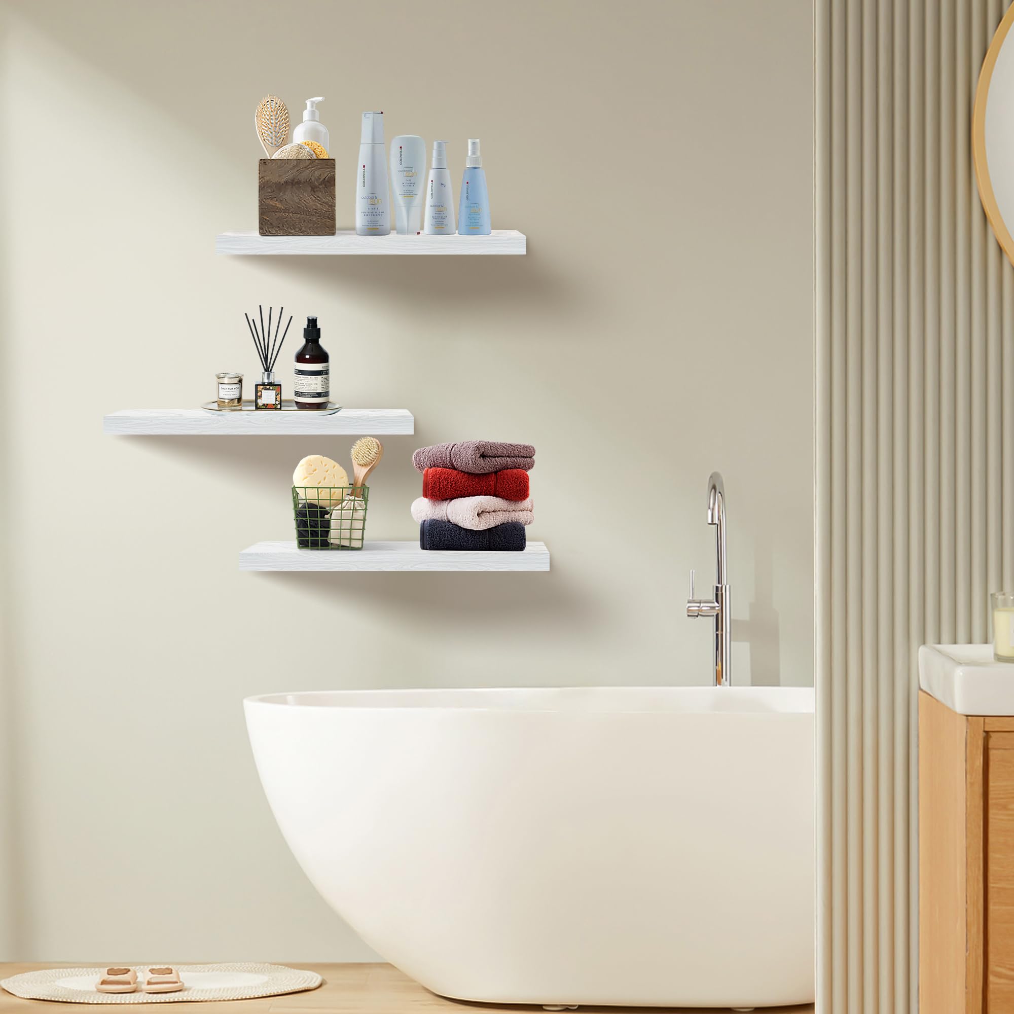 Upassion bathroom shelves storing toiletries and towels to save floor space
