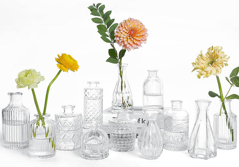 UPBUD clear glass vases front packaging showing set and vintage charm