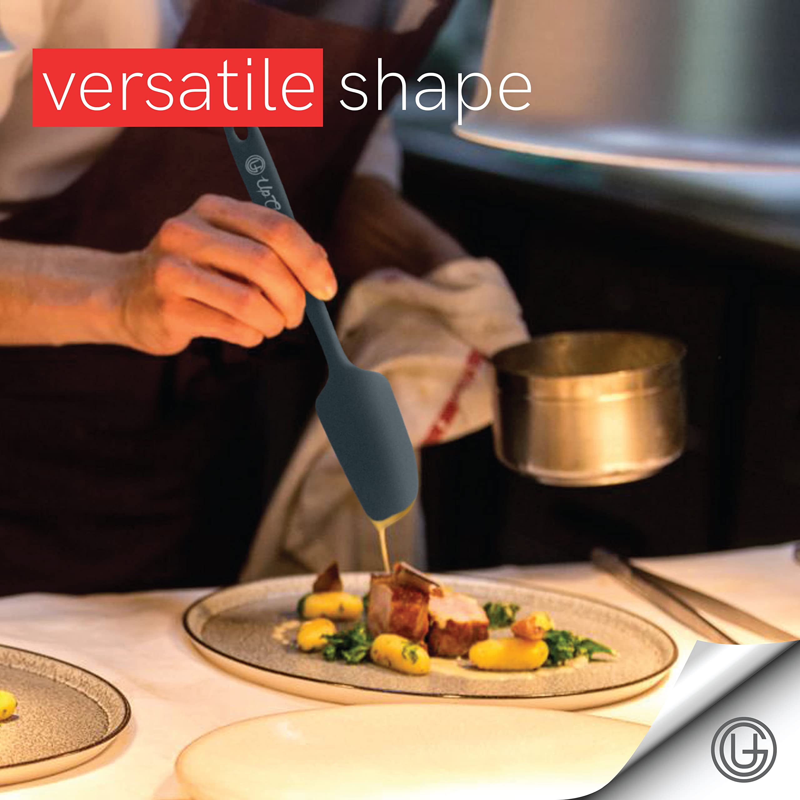UpGood spatula set beside stovetop in use, illustrating heat resistance and practicality