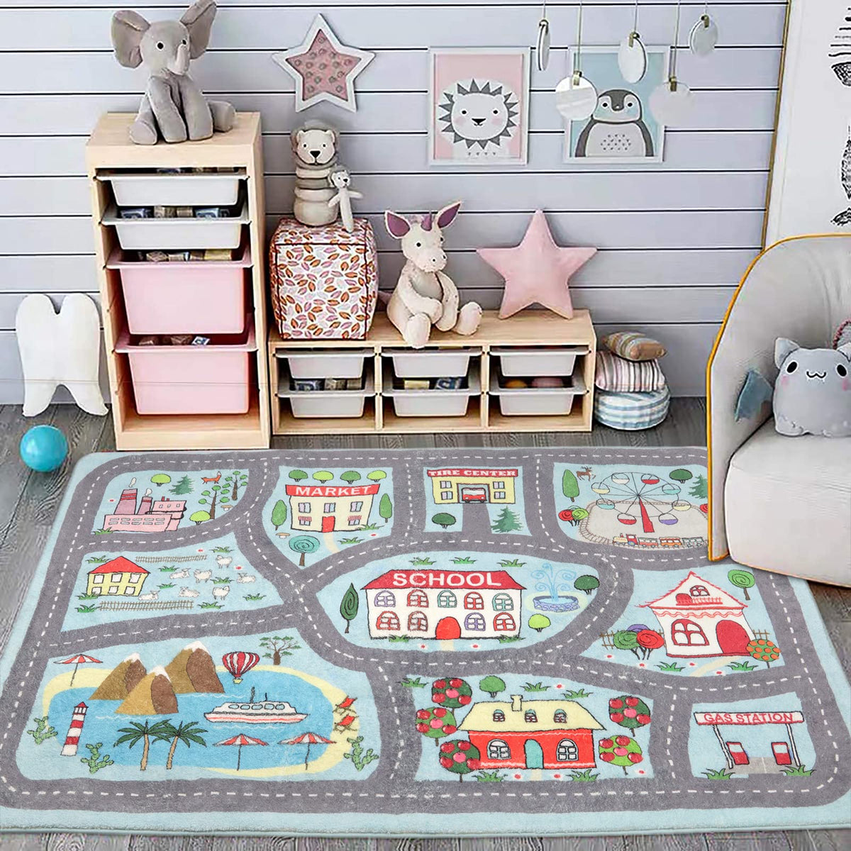 Uphome front view of blue playroom rug shows educational road design and warmth