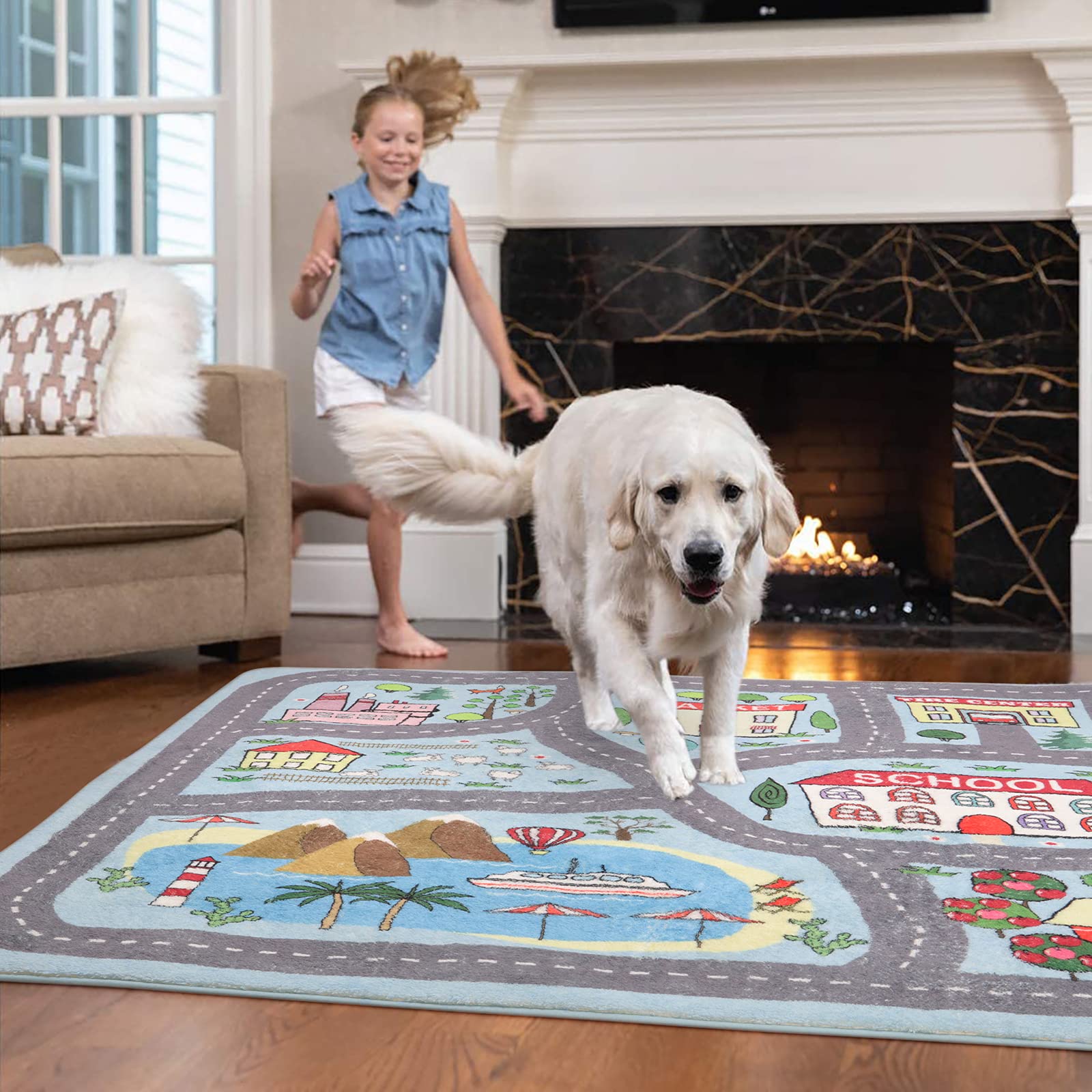 Uphome rug with toy cars demonstrating road play and imaginative learning