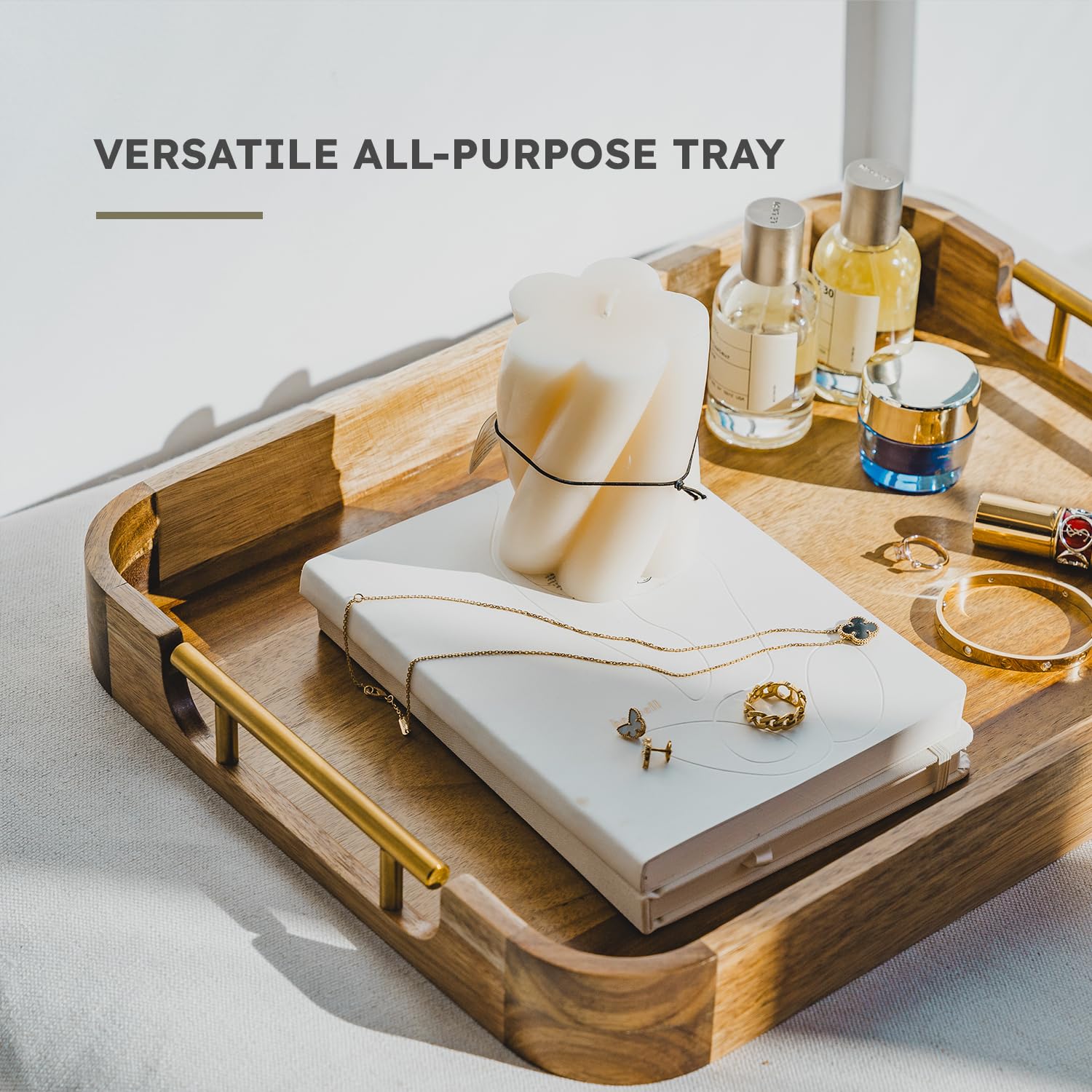 Upper tray styled on bed with breakfast setup for convenience and attractive presentation