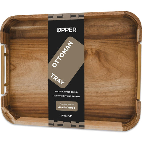 Upper acacia tray front view showing size and warm wood finish, enhances decor