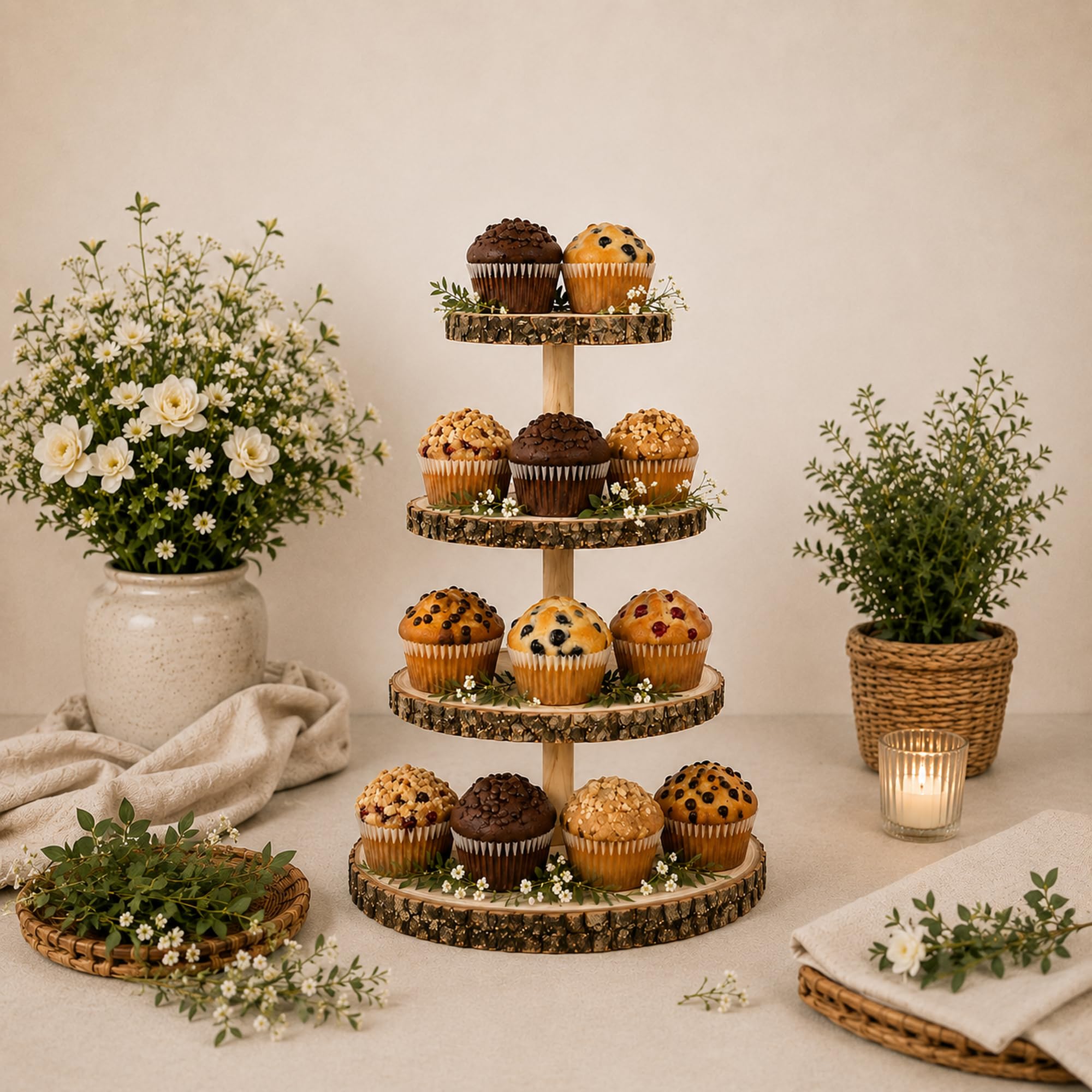Upper Midland front view of 4-tier wood cupcake stand showing rustic charm and display benefit