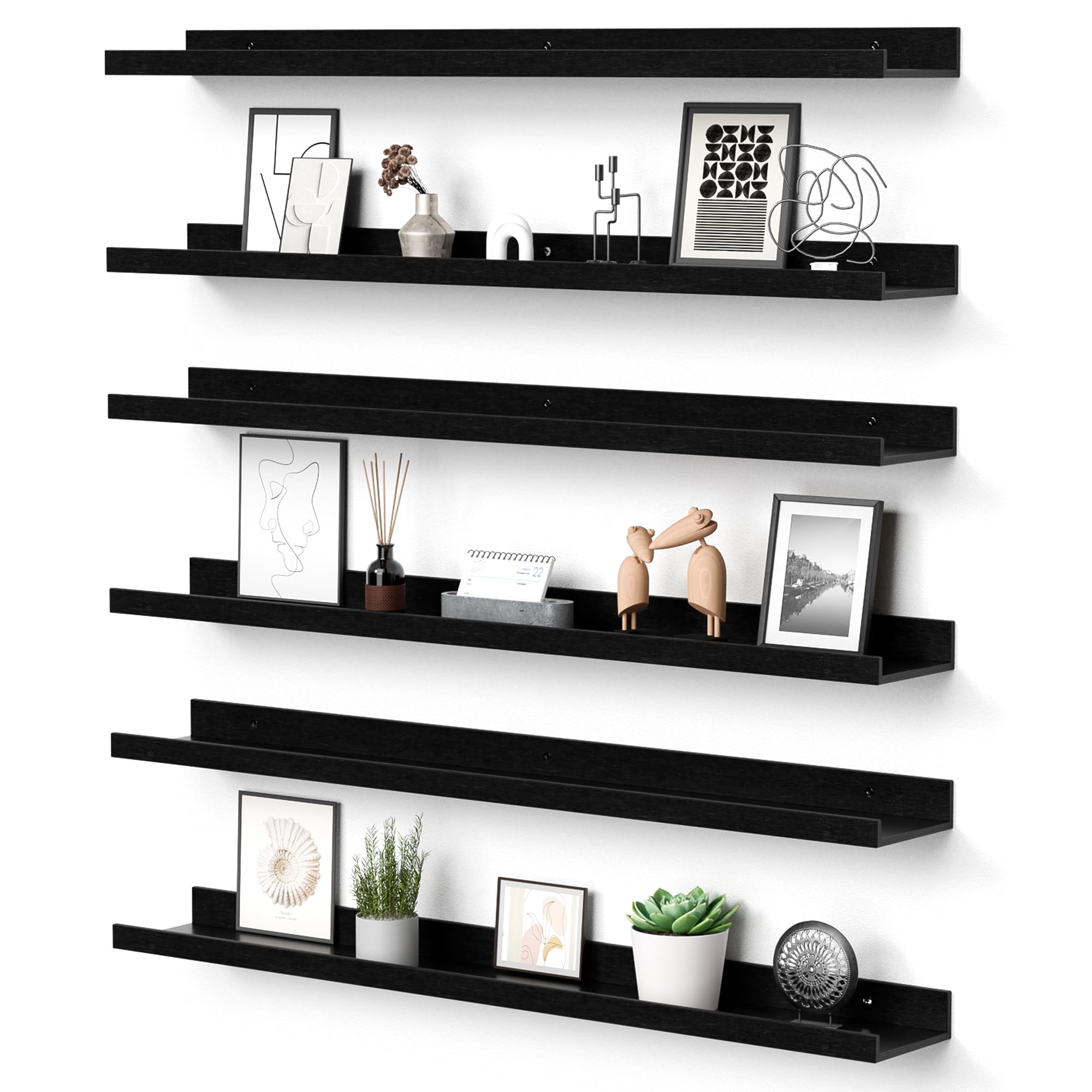 upsimples front view of six black floating shelves, shows neat modern storage benefit