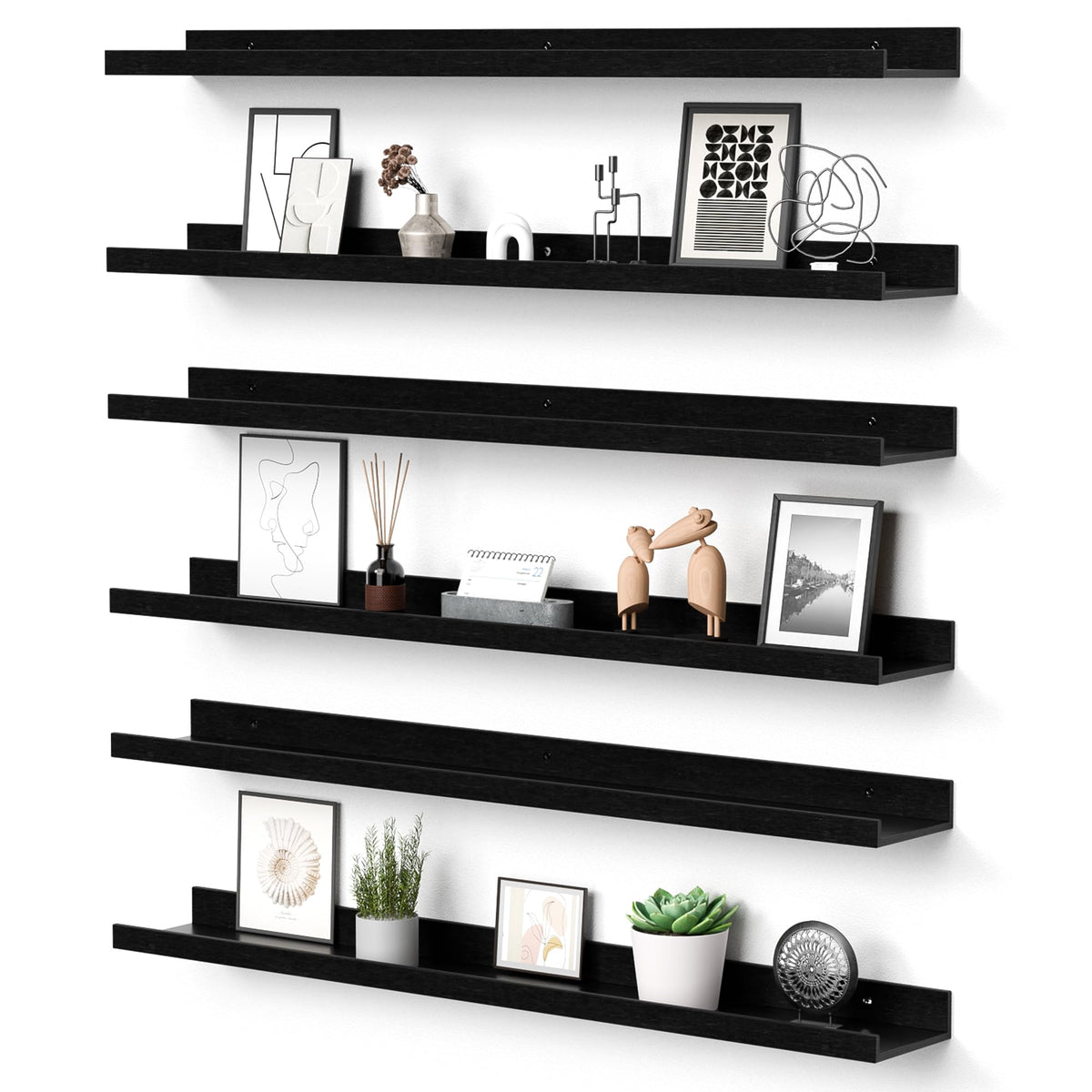 upsimples front view of six black floating shelves, shows neat modern storage benefit