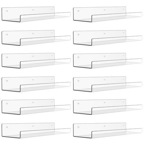upsimples front view of 12 clear acrylic shelves showing neat stack and compact packaging benefit
