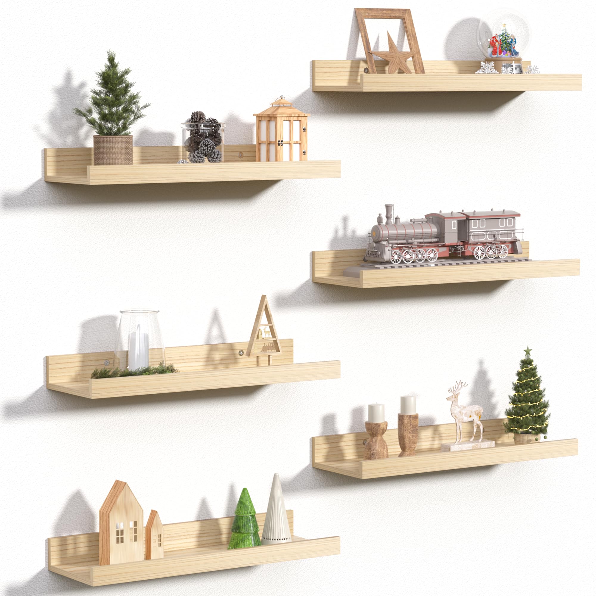 upsimples front view of six natural floating shelves showing neat, space-saving display