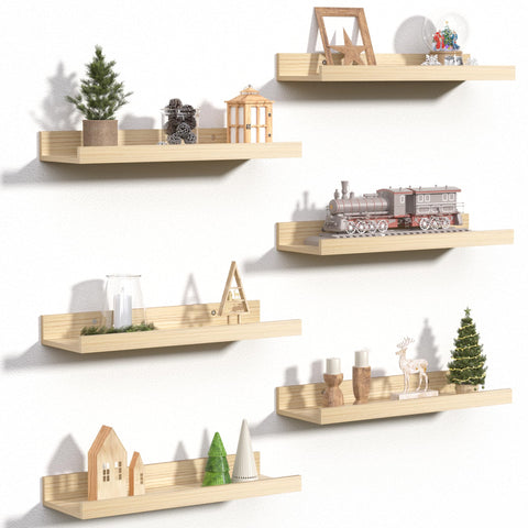 upsimples front view of six natural floating shelves showing neat, space-saving display