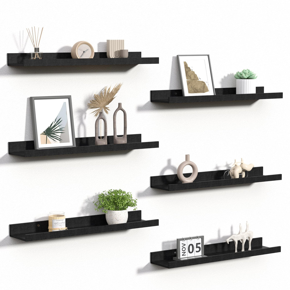upsimples front packaging showing six black floating shelves and hardware, easy setup benefit
