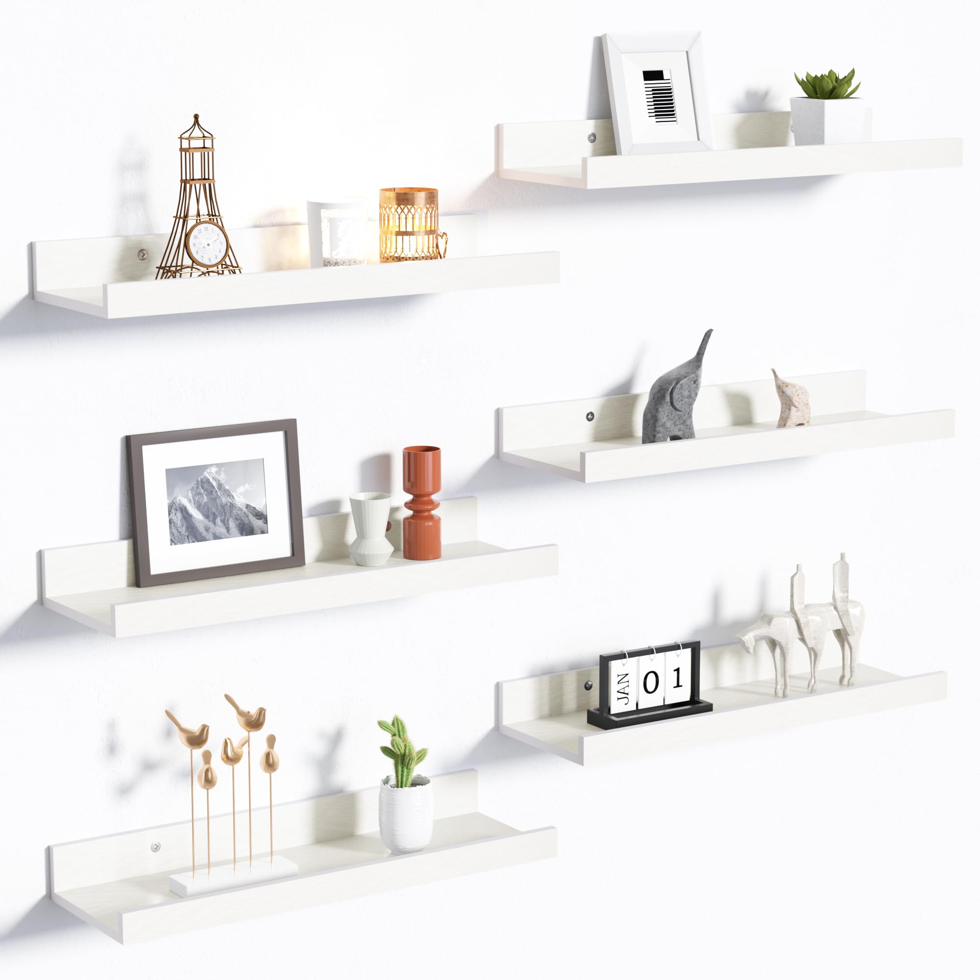 upsimples front view of six white shelves showing clean lines and package benefit
