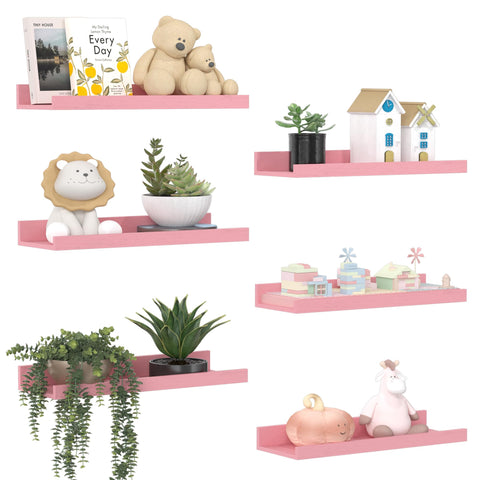 upsimples front view of six pink floating shelves shows neat storage benefit