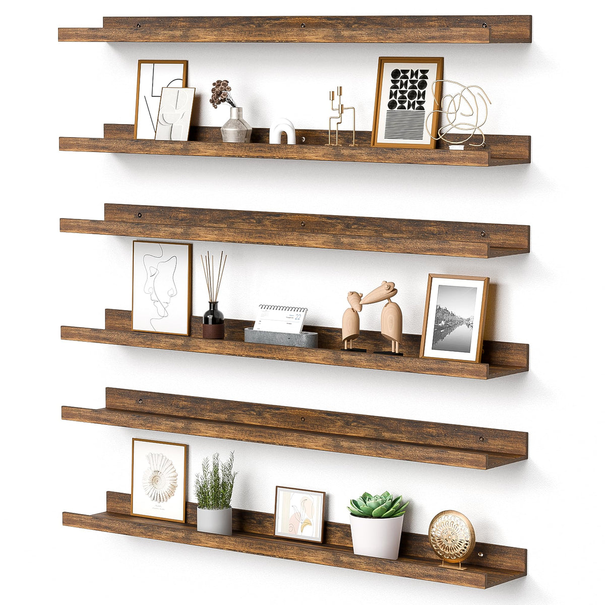 upsimples front view of six brown floating shelves showing clean profile and storage benefit