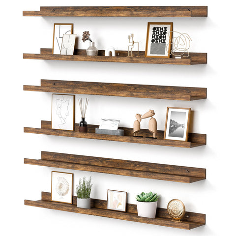 upsimples front view of six brown floating shelves showing clean profile and storage benefit
