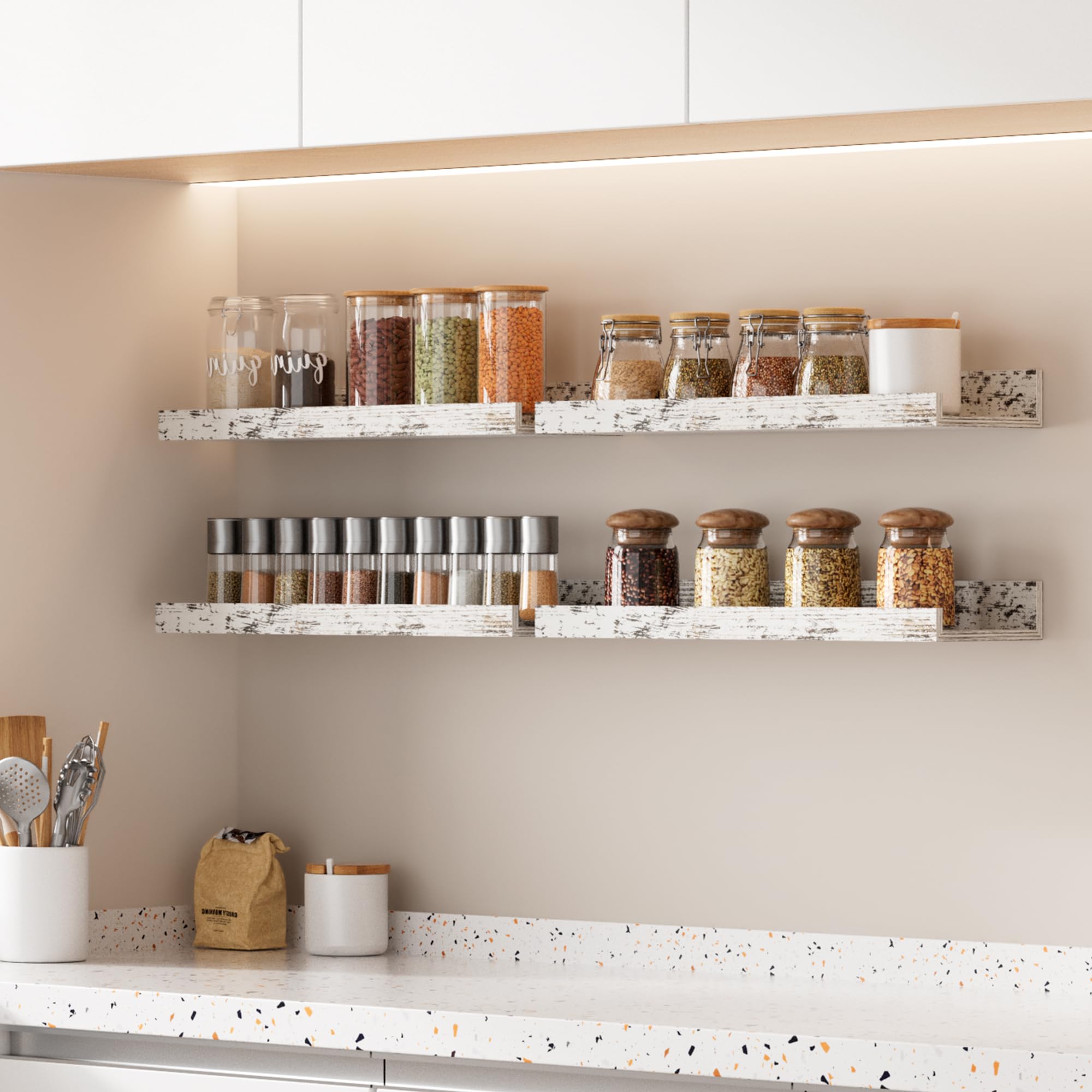 upsimples six shelves combined into long ledge offering extended display space