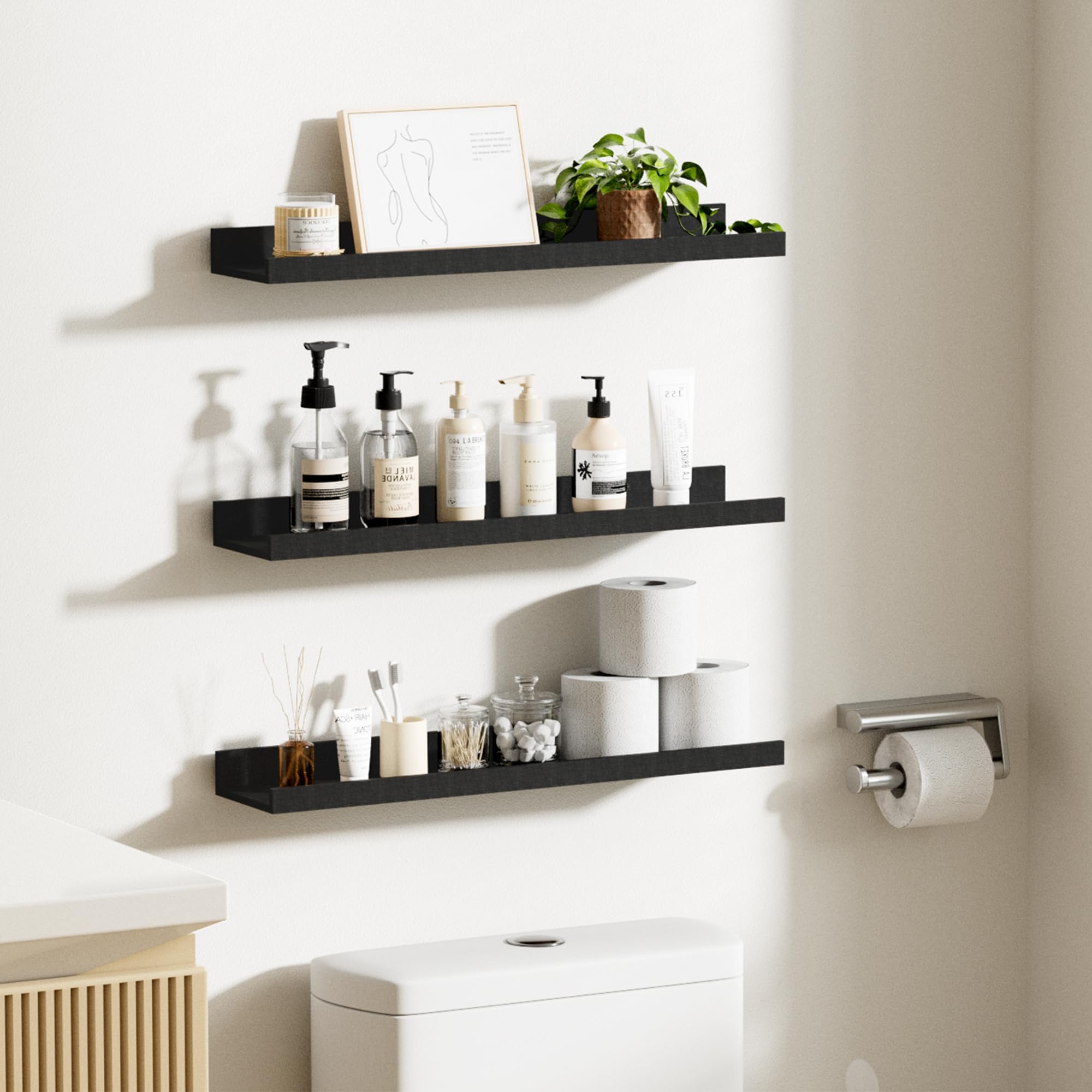 upsimples shelf beside a book for scale demonstrating compact depth and practical storage