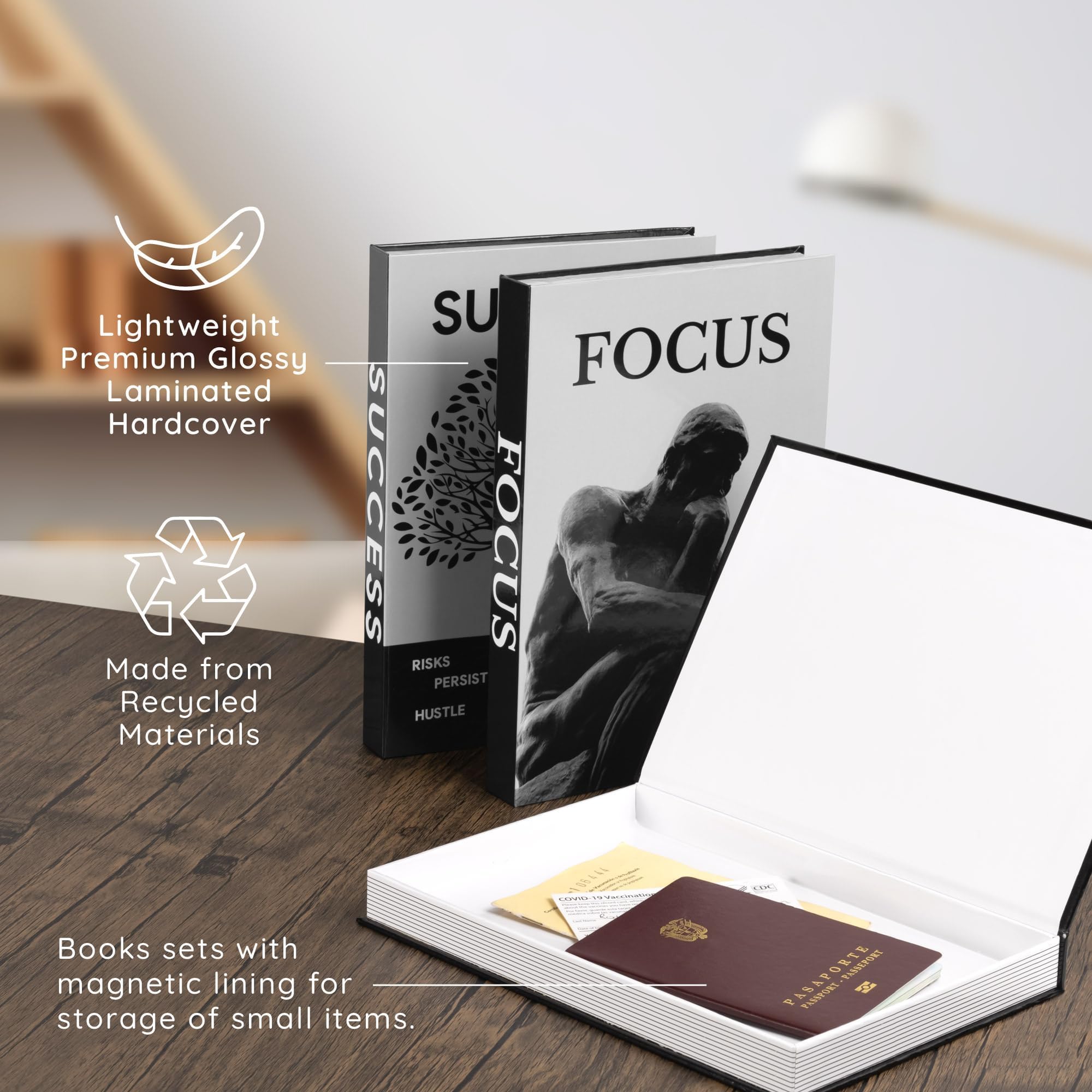 Upstart Decor trio placed on office bookshelf demonstrating seamless integration with real books