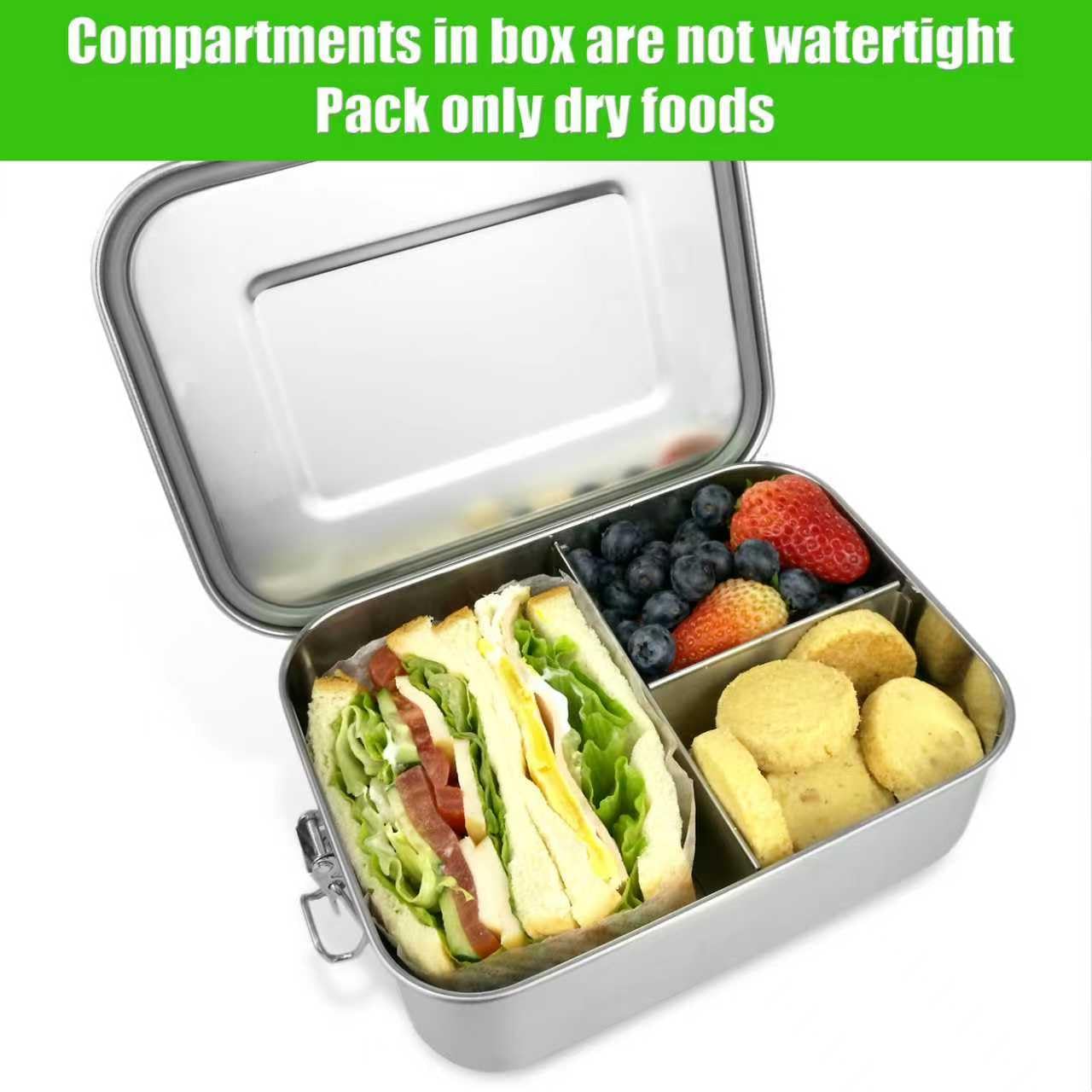 UPTRUST bento next to a water bottle showing 7.3x5.4x2.3 inch scale