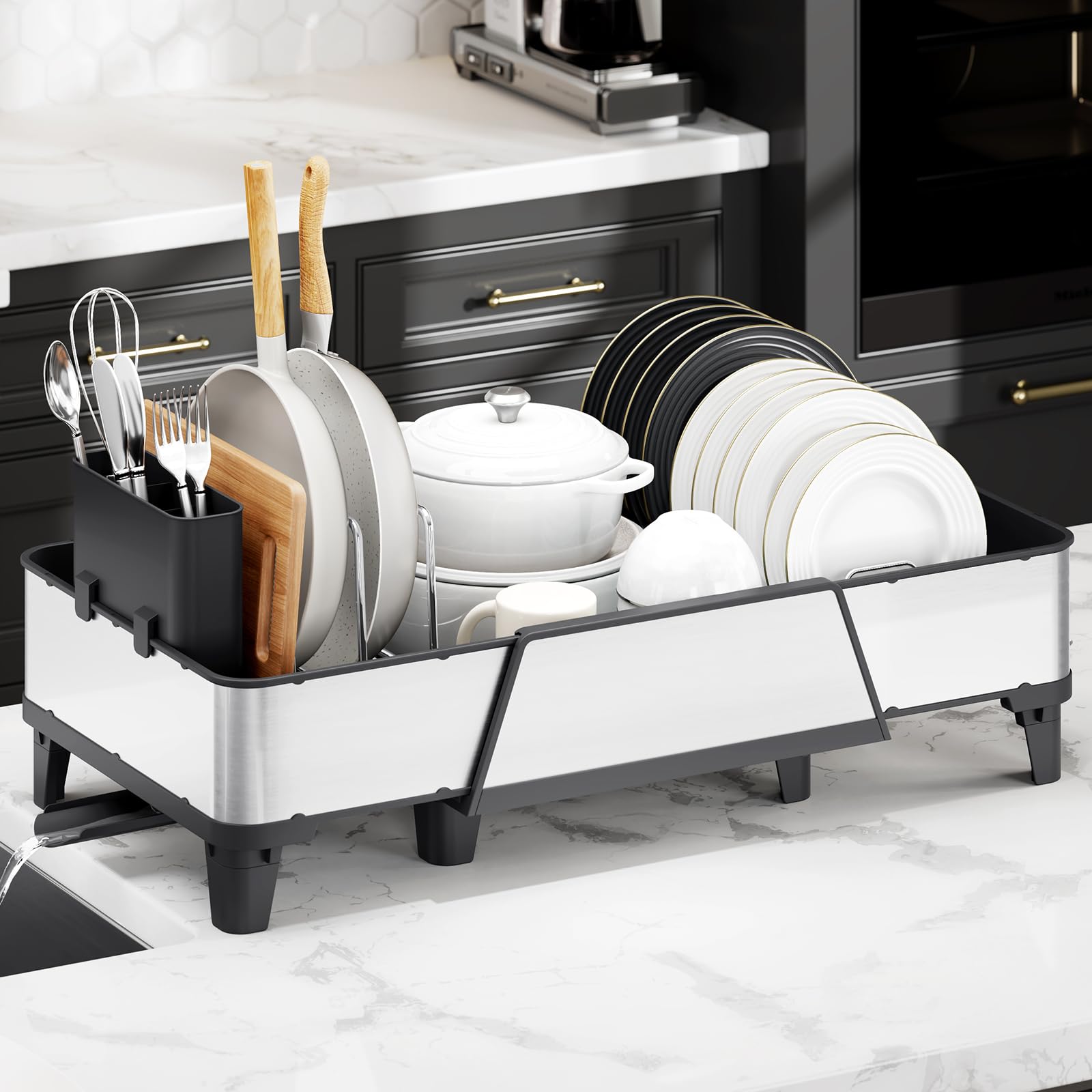 Urackify front view of black expandable dish rack showing organization and capacity