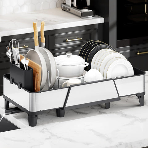 Urackify front view of black expandable dish rack showing organization and capacity