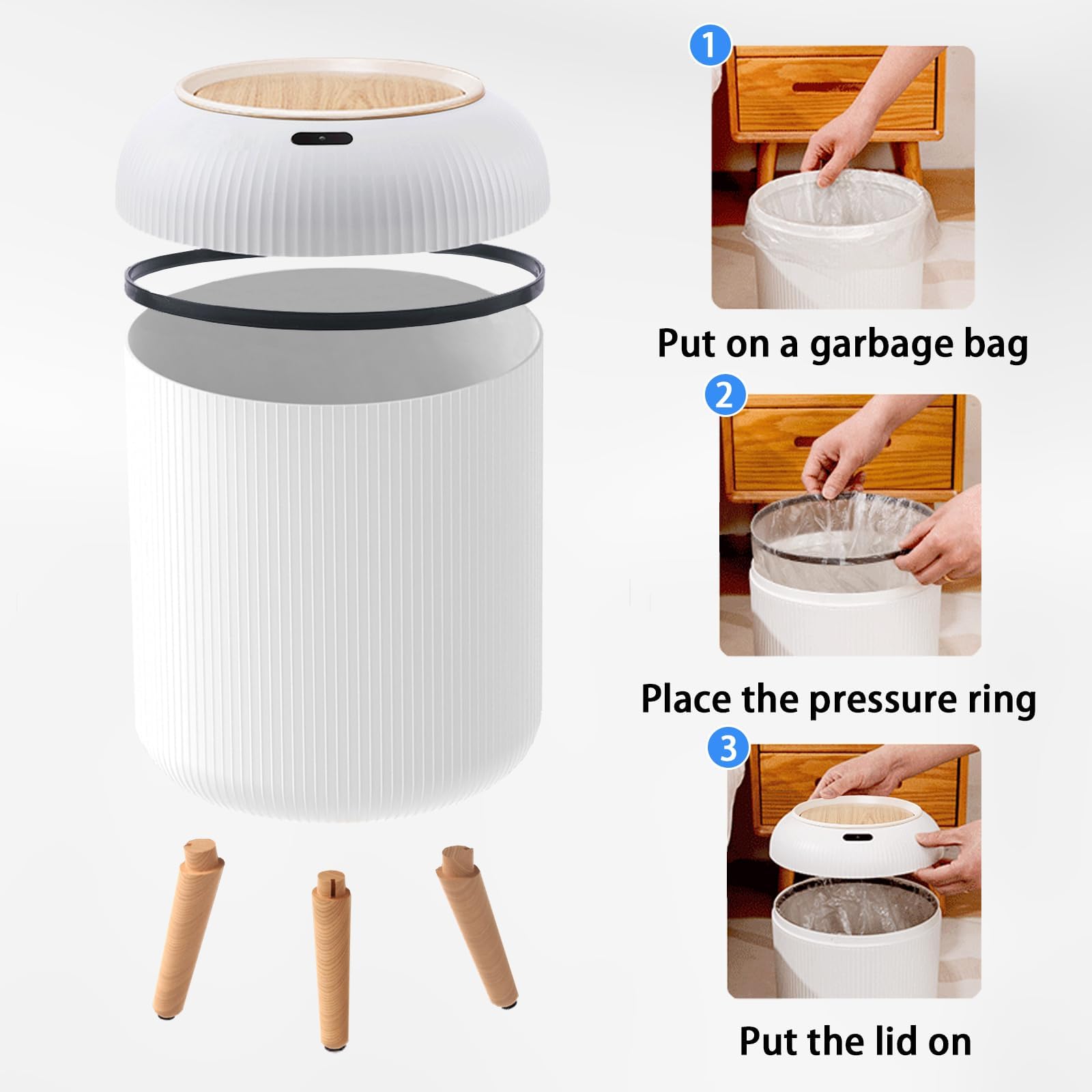 URALFA in use with hand above lid highlighting hygienic hands‑free disposal