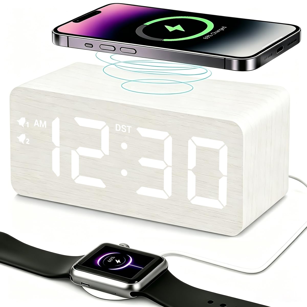 URAYCO front view showing wood clock and clear time display, improves bedside organization