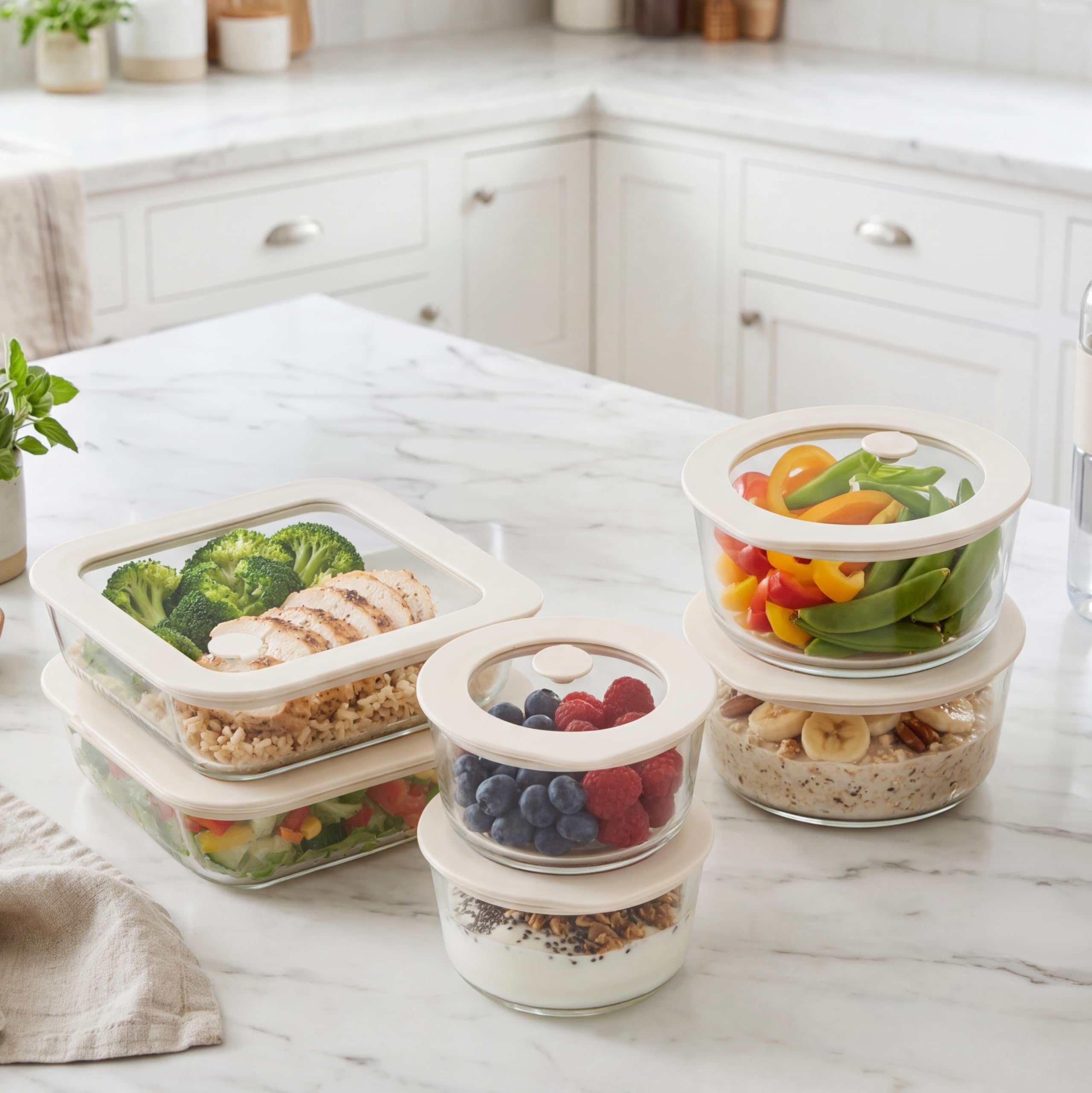 Urban Green stacked glass containers inside refrigerator showing organized, space-saving benefit