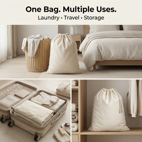 Urban Villa laundry bag in a dorm bathroom setting demonstrating tidy organization